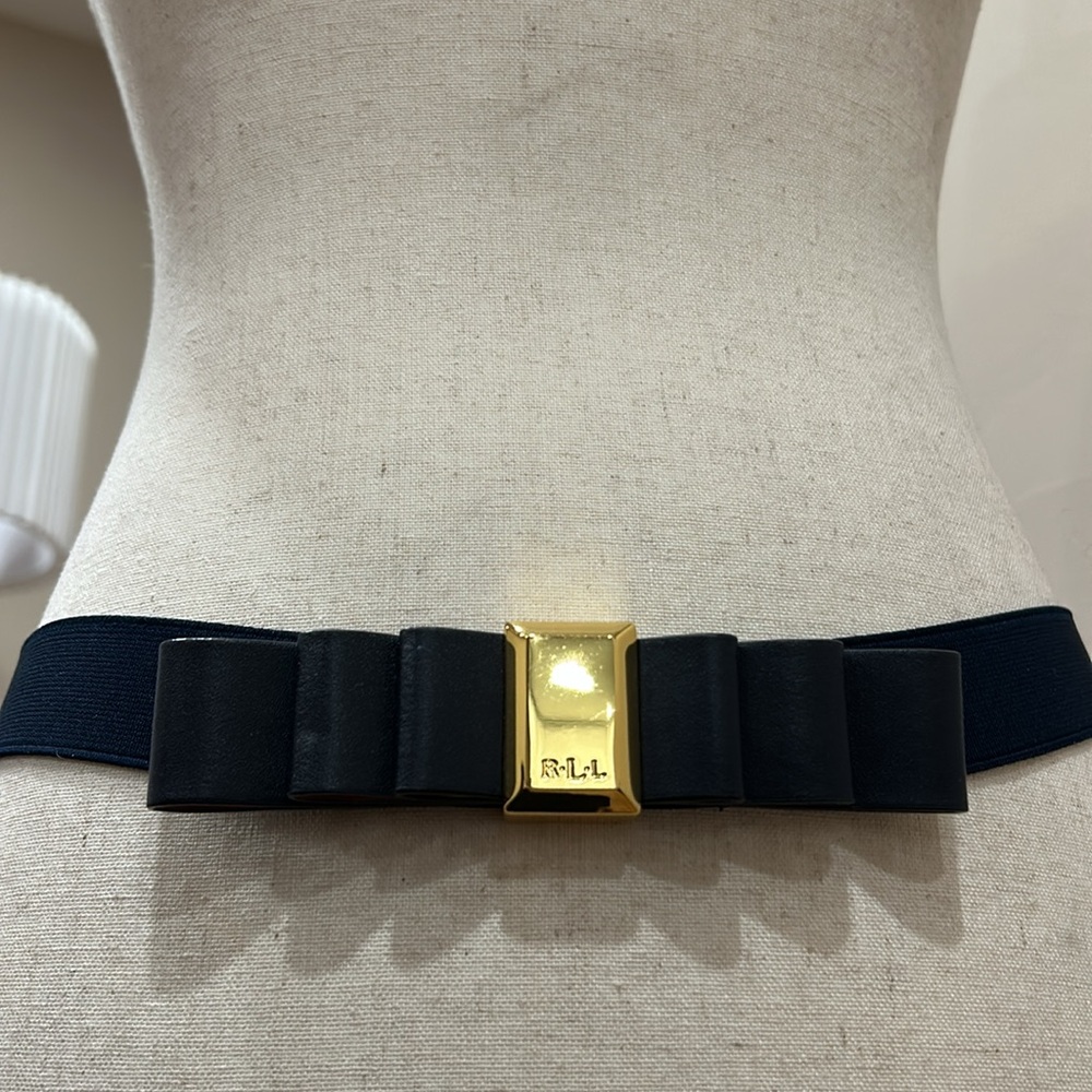 Lauren Ralph Lauren navy blue leather bow front belt stretchy gold plated logo